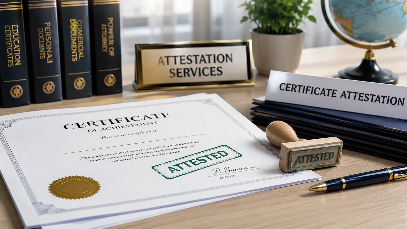 A certificate labeled "Attested" lies on a desk surrounded by documents, a globe, and a pen. A sign reads "Attestation Services," conveying a formal tone.