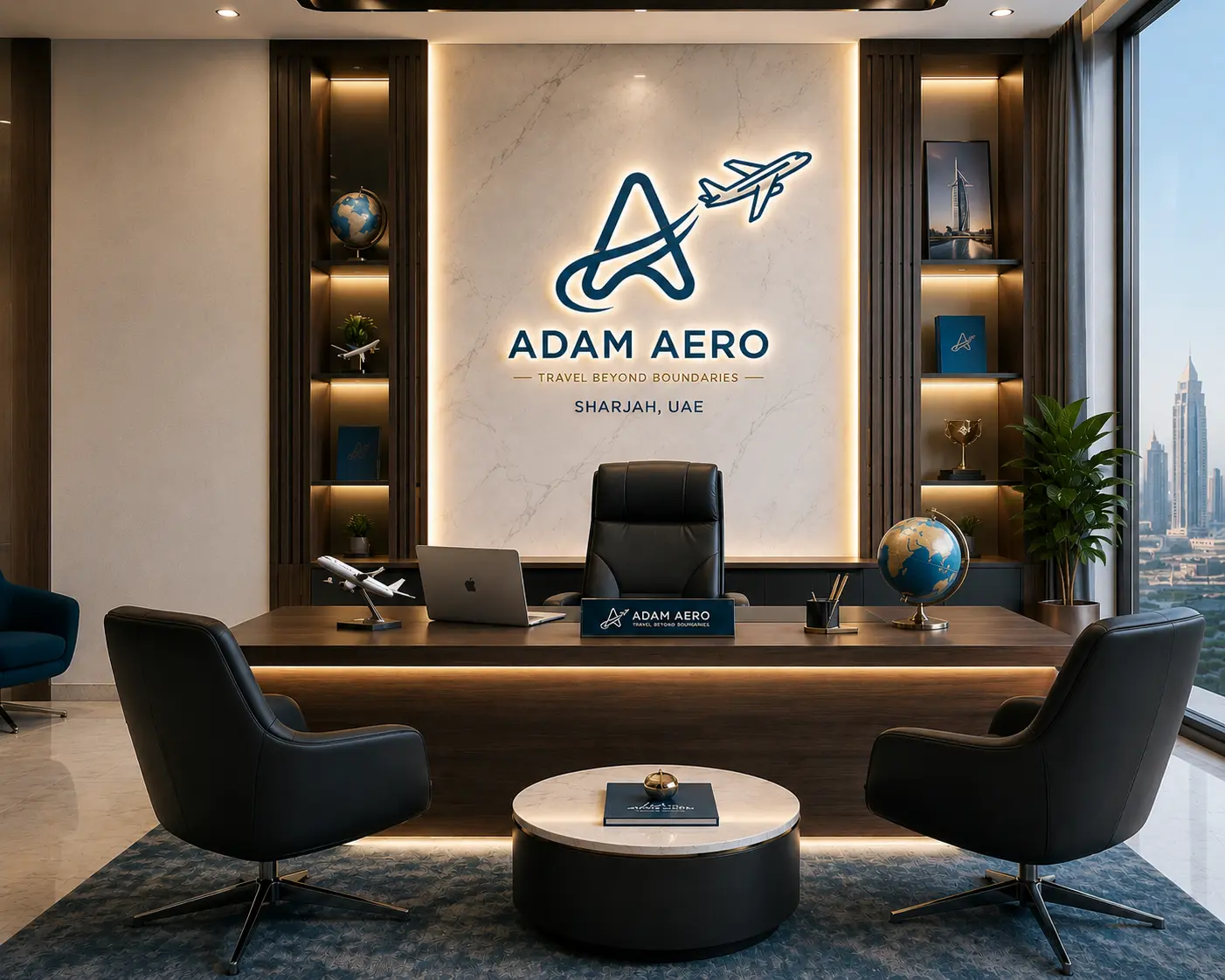 Modern office with a large desk, two chairs, and a wall sign reading “Adam Aero Travel Beyond Boundaries, Sharjah, UAE,” featuring an airplane logo. Cityscape visible through windows.