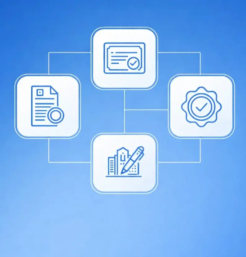 Blue icons on a light blue background depict a connected flowchart: a document, certificate, pencil over buildings, and a badge with a checkmark.
