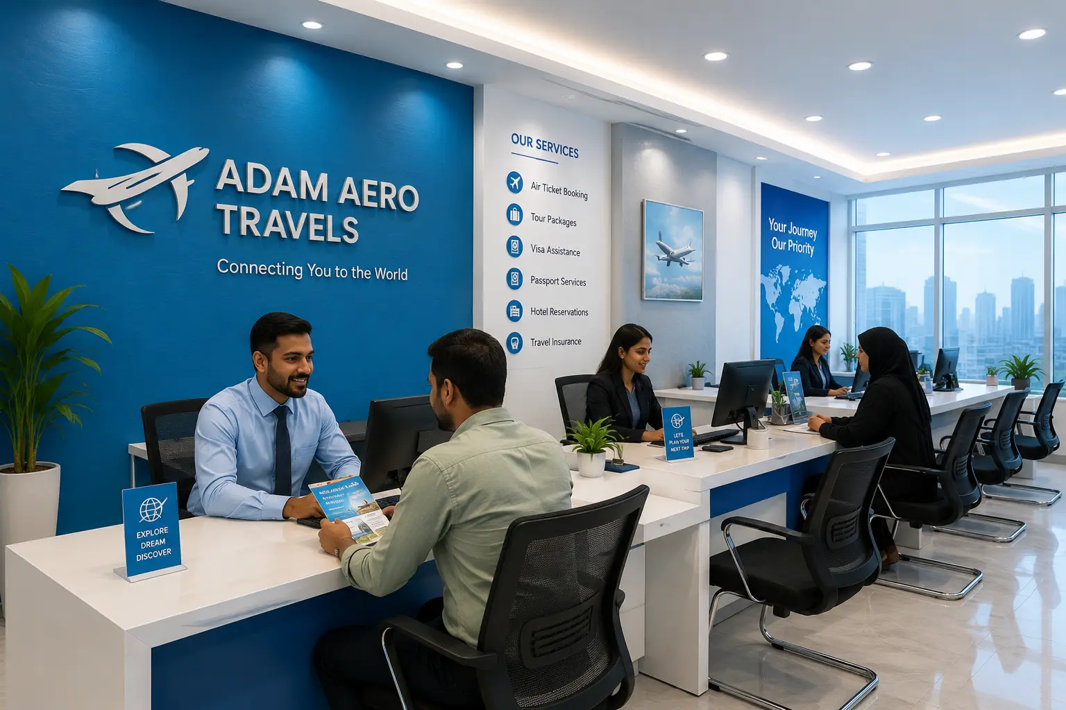 Contemporary travel agency workspace helping clients with travel planning and reservations