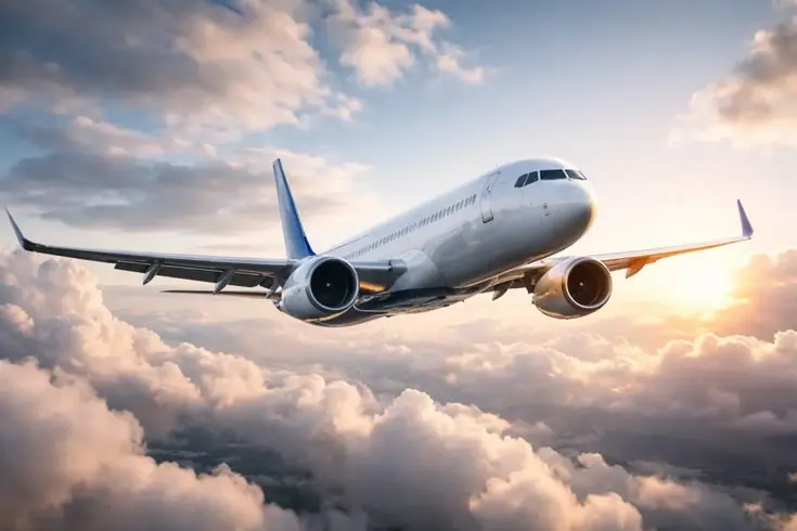 A commercial airplane with blue accents flies above fluffy clouds at sunset, conveying a sense of adventure and freedom against a vibrant sky.